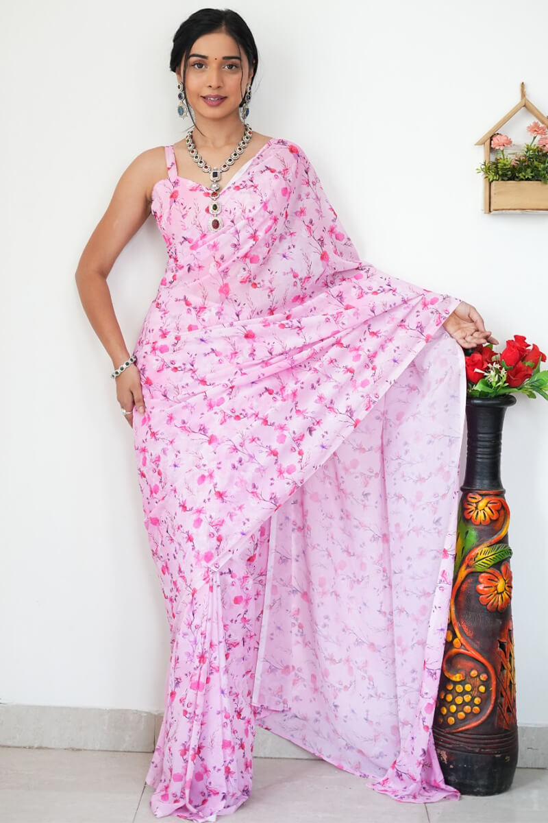 Floret One Minute Ready To Wear Baby Pink Printed Satin Silk Saree