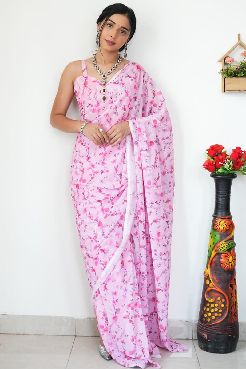 Floret One Minute Ready To Wear Baby Pink Printed Satin Silk Saree