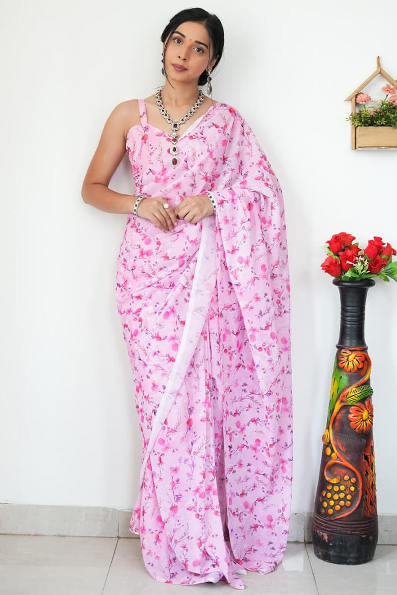 Floret One Minute Ready To Wear Baby Pink Printed Satin Silk Saree