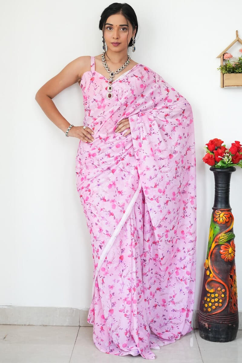 Floret One Minute Ready To Wear Baby Pink Printed Satin Silk Saree