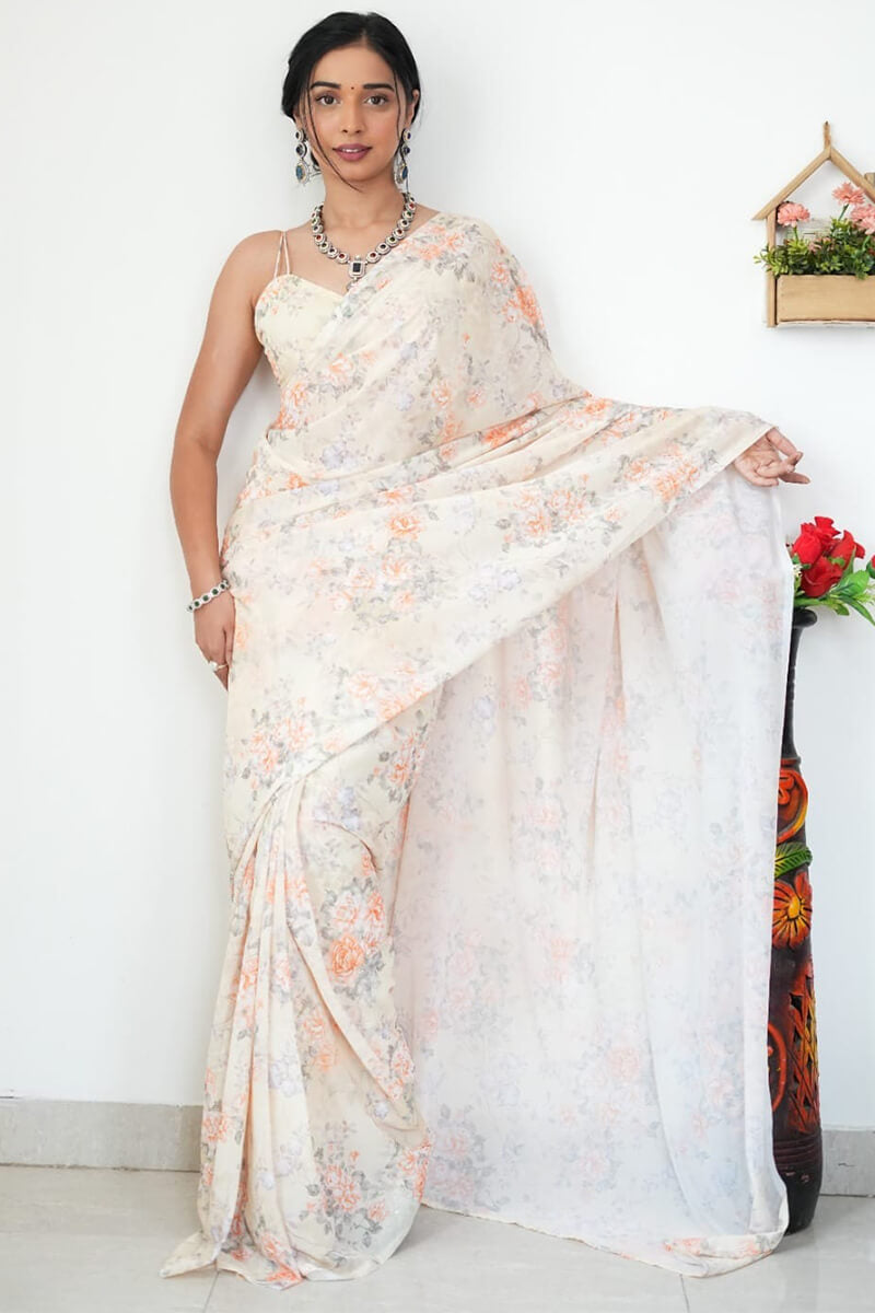 Effortless One Minute Ready To Wear Beige Printed Satin Silk Saree