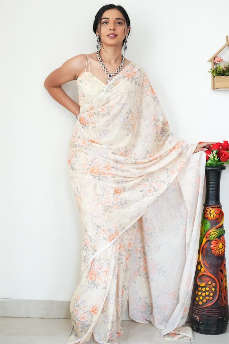 Effortless One Minute Ready To Wear Beige Printed Satin Silk Saree