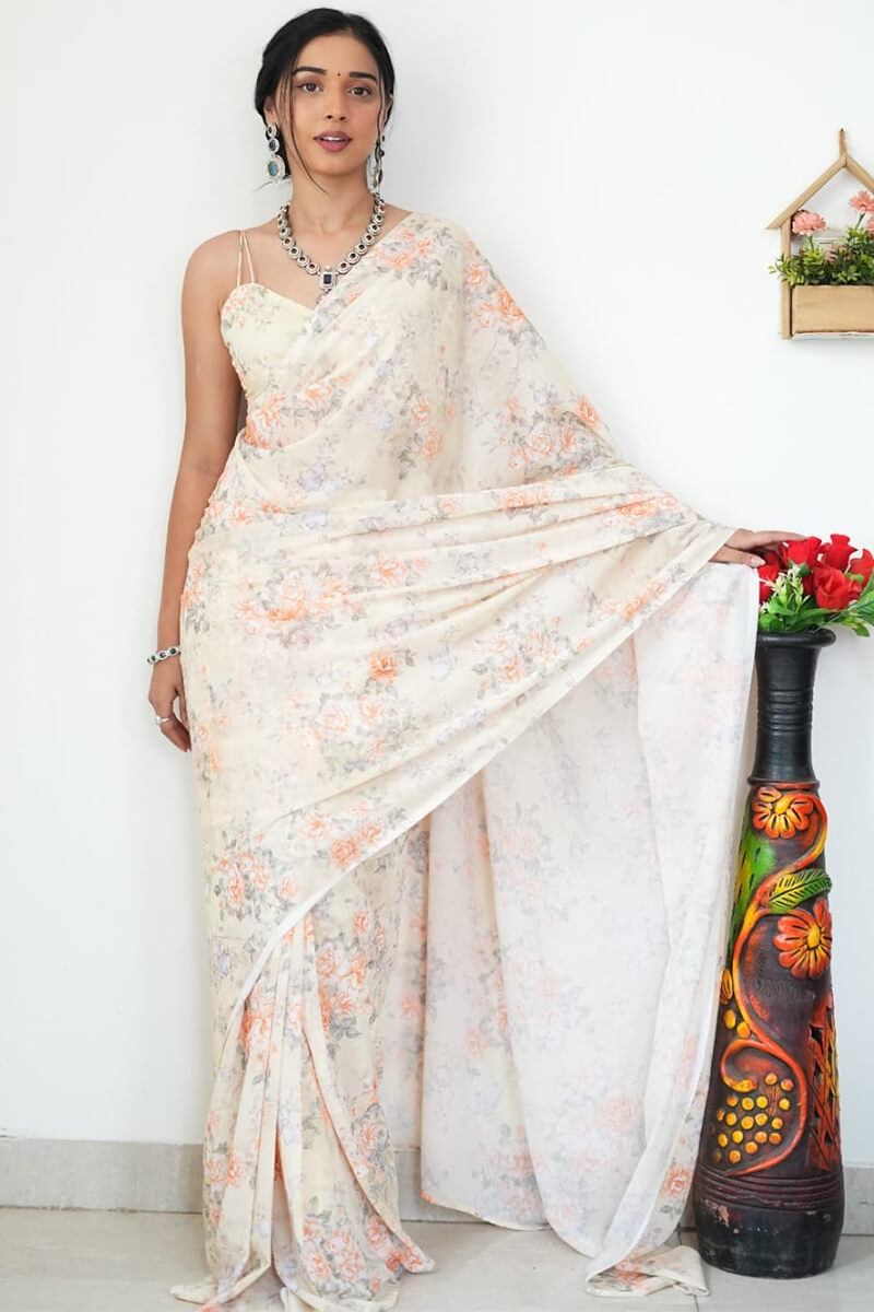 Effortless One Minute Ready To Wear Beige Printed Satin Silk Saree