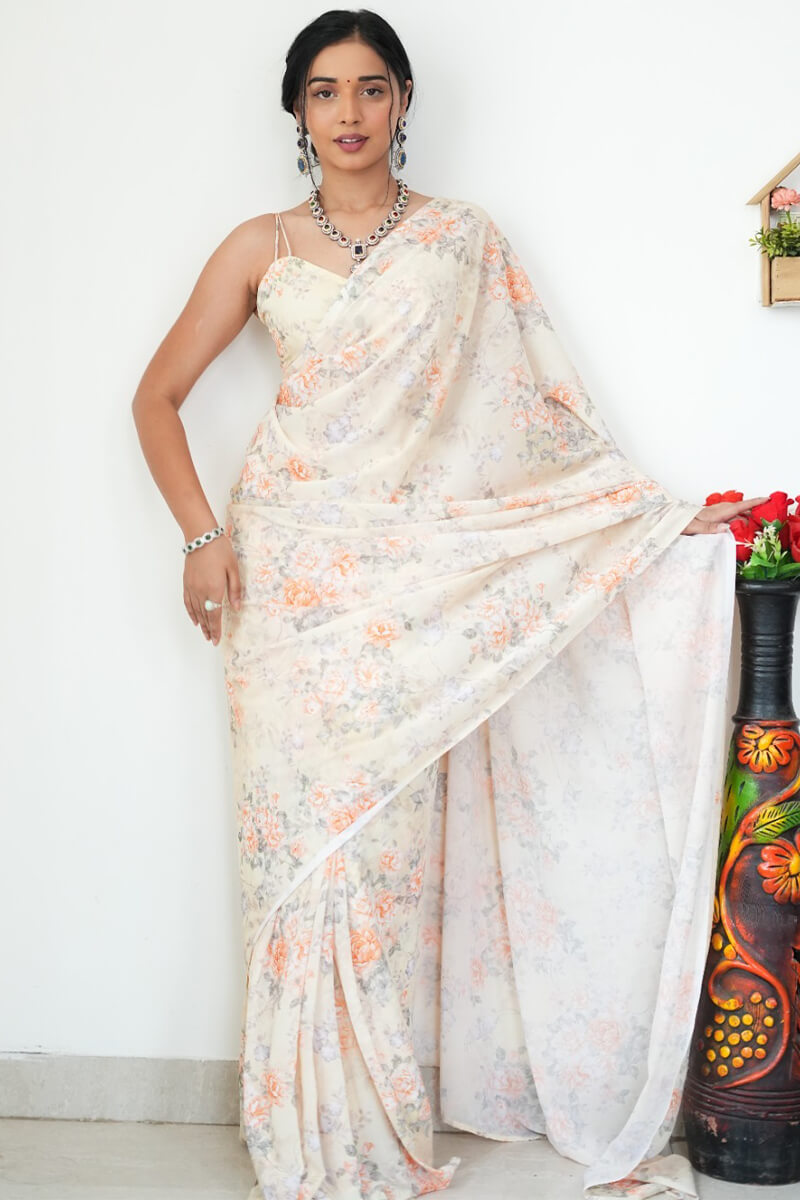 Effortless One Minute Ready To Wear Beige Printed Satin Silk Saree