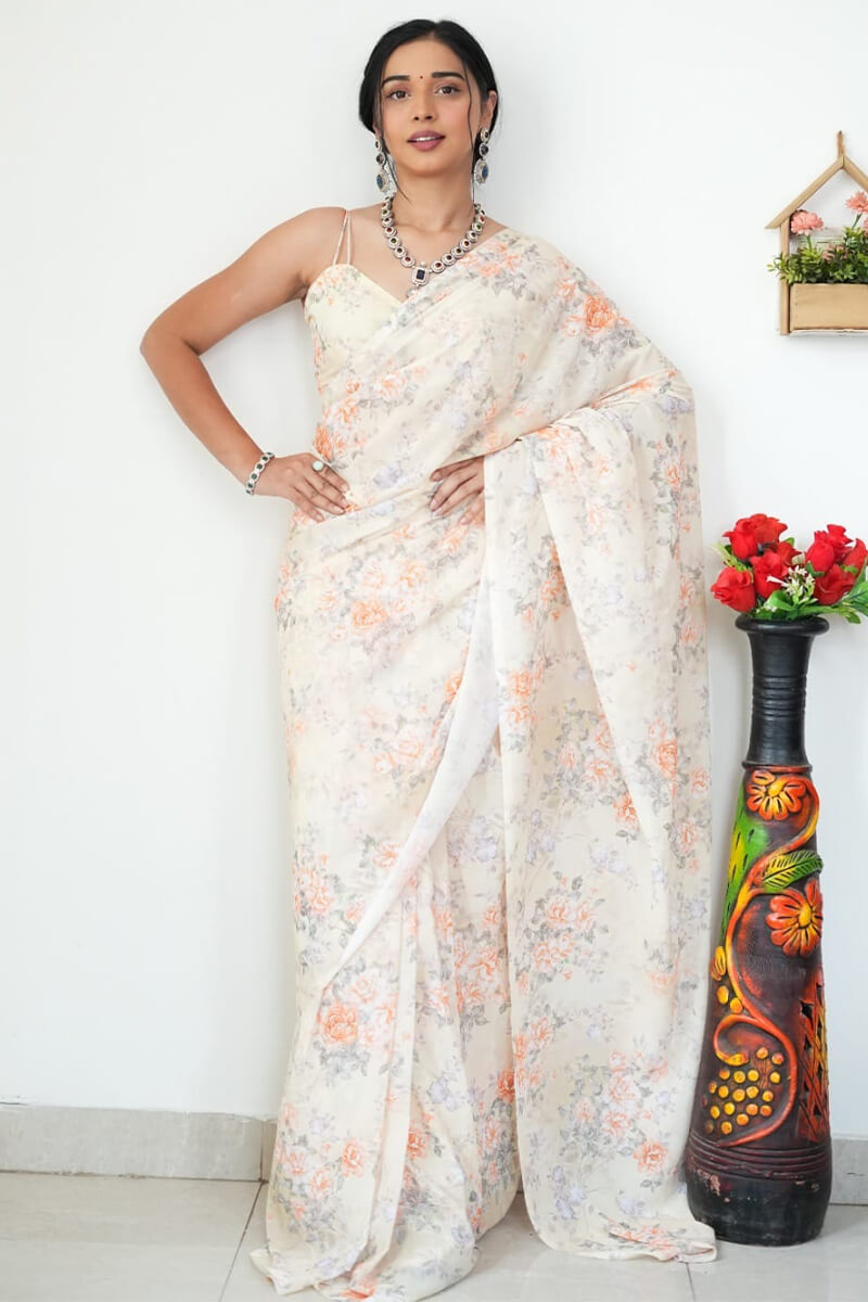 Effortless One Minute Ready To Wear Beige Printed Satin Silk Saree