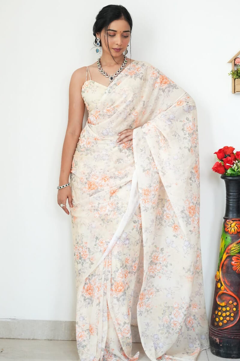 Effortless One Minute Ready To Wear Beige Printed Satin Silk Saree