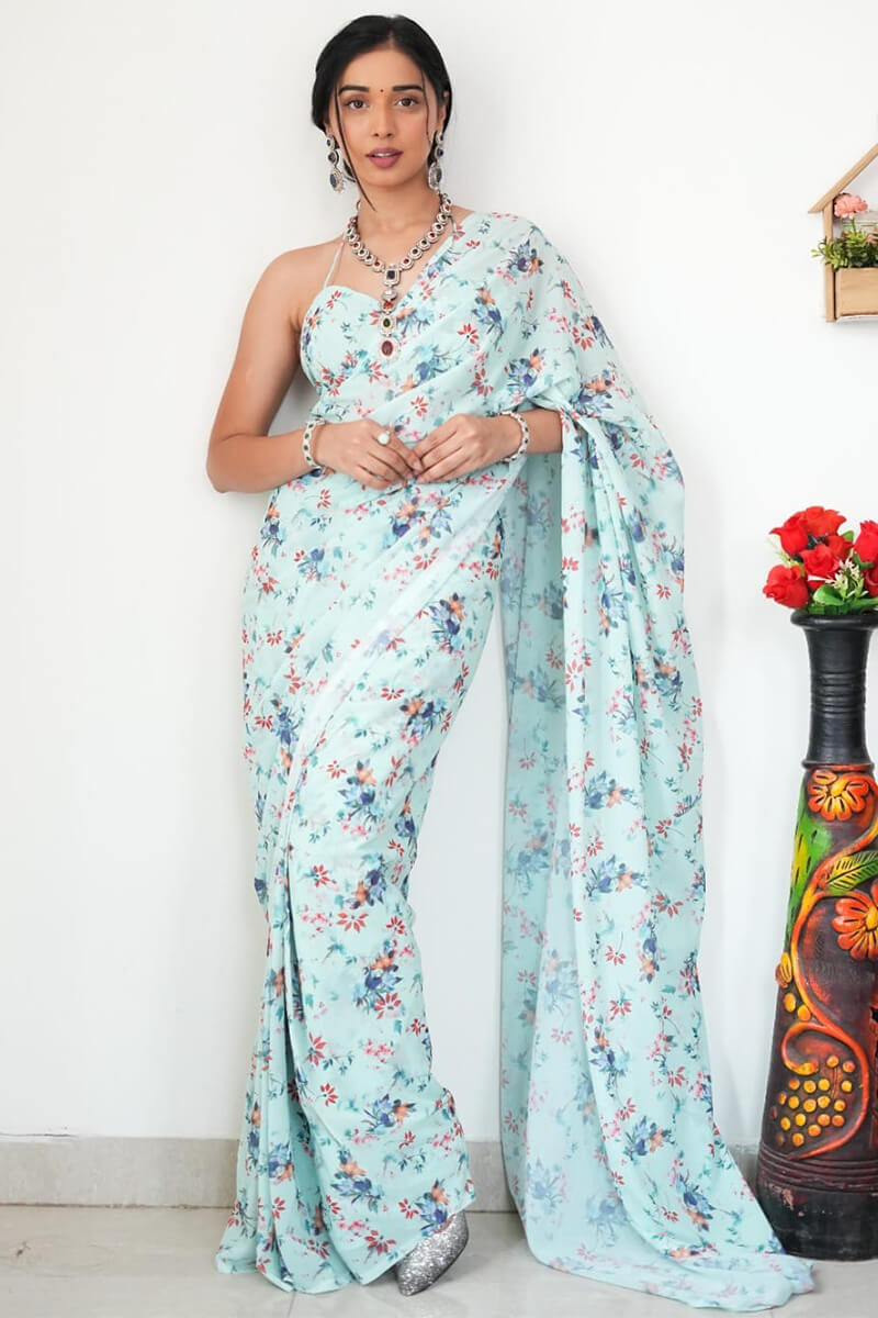 Enamour One Minute Ready To Wear Sea Green Printed Satin Silk Saree