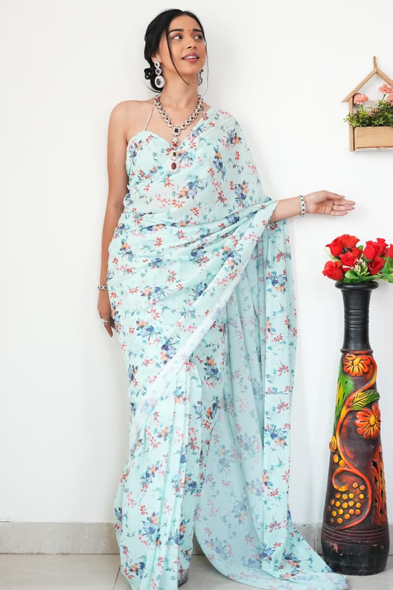 Enamour One Minute Ready To Wear Sea Green Printed Satin Silk Saree