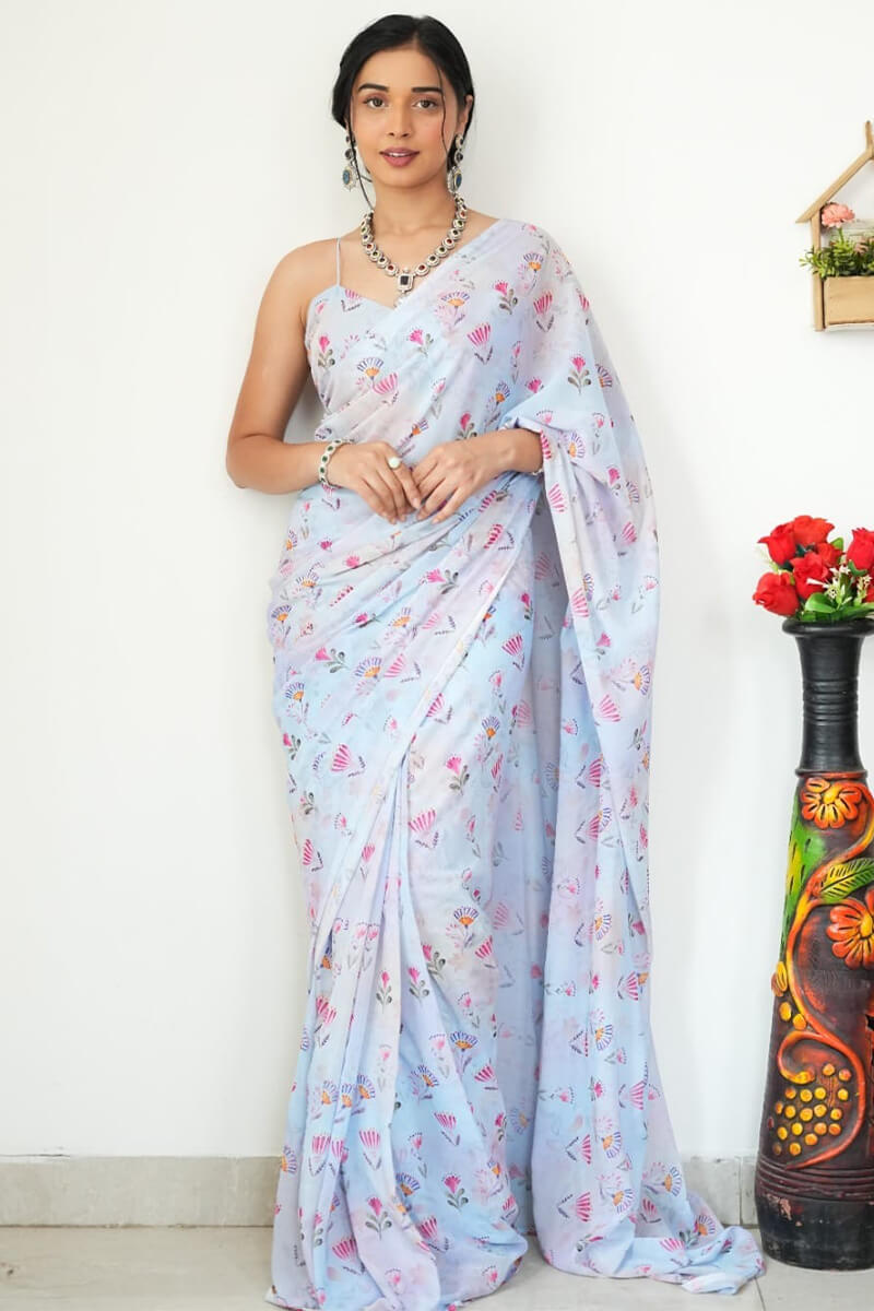 Dreamy One Minute Ready To Wear Sky Printed Satin Silk Saree