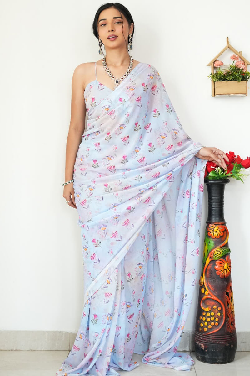 Dreamy One Minute Ready To Wear Sky Printed Satin Silk Saree