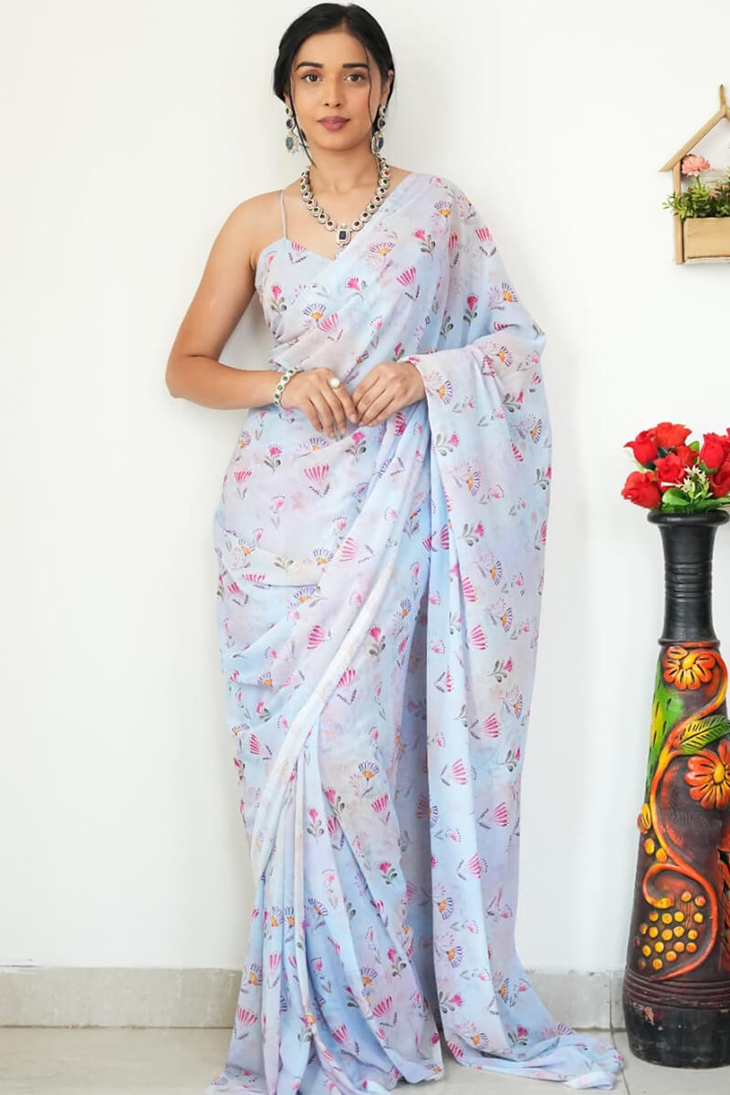 Dreamy One Minute Ready To Wear Sky Printed Satin Silk Saree