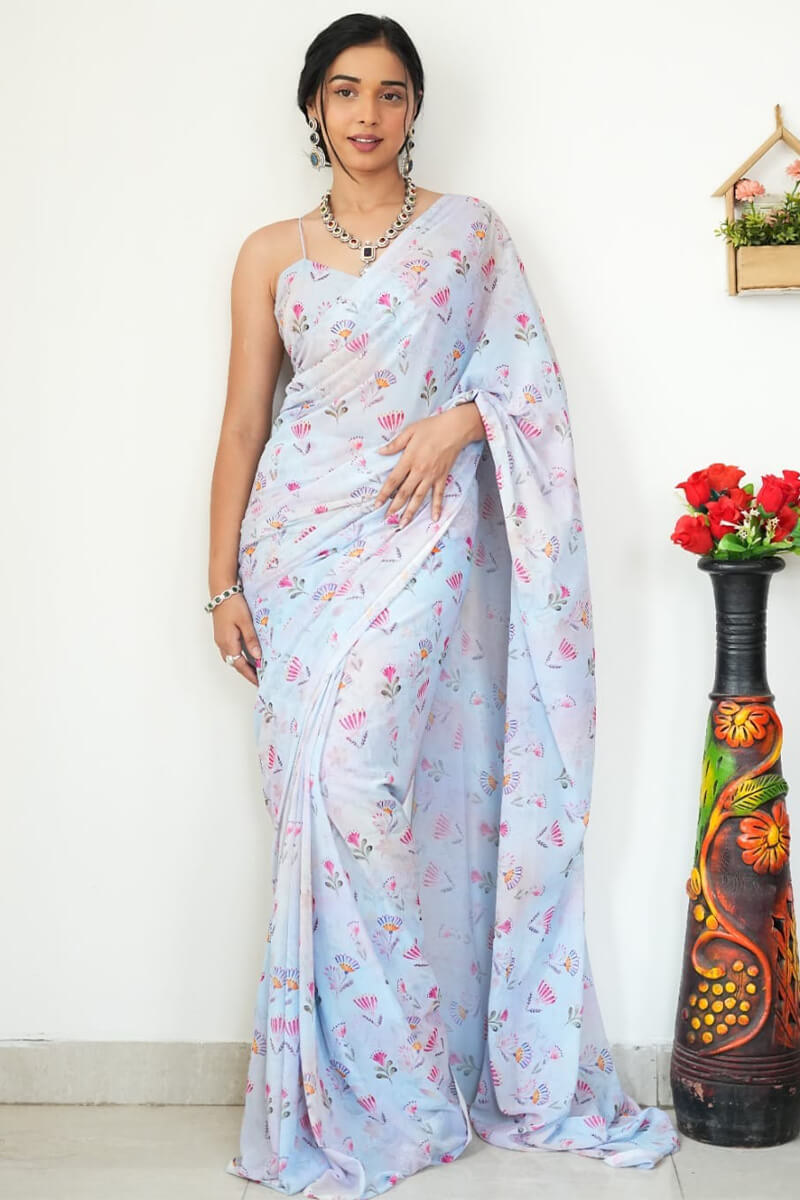 Dreamy One Minute Ready To Wear Sky Printed Satin Silk Saree