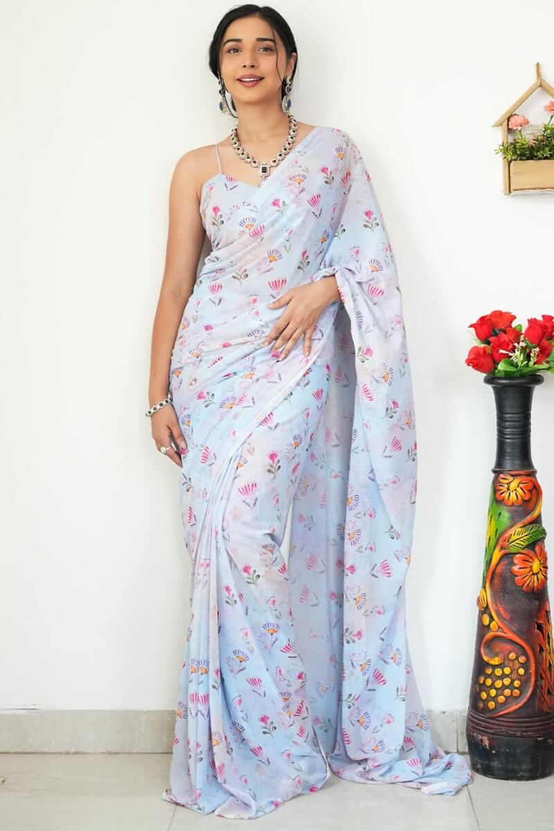 Dreamy One Minute Ready To Wear Sky Printed Satin Silk Saree