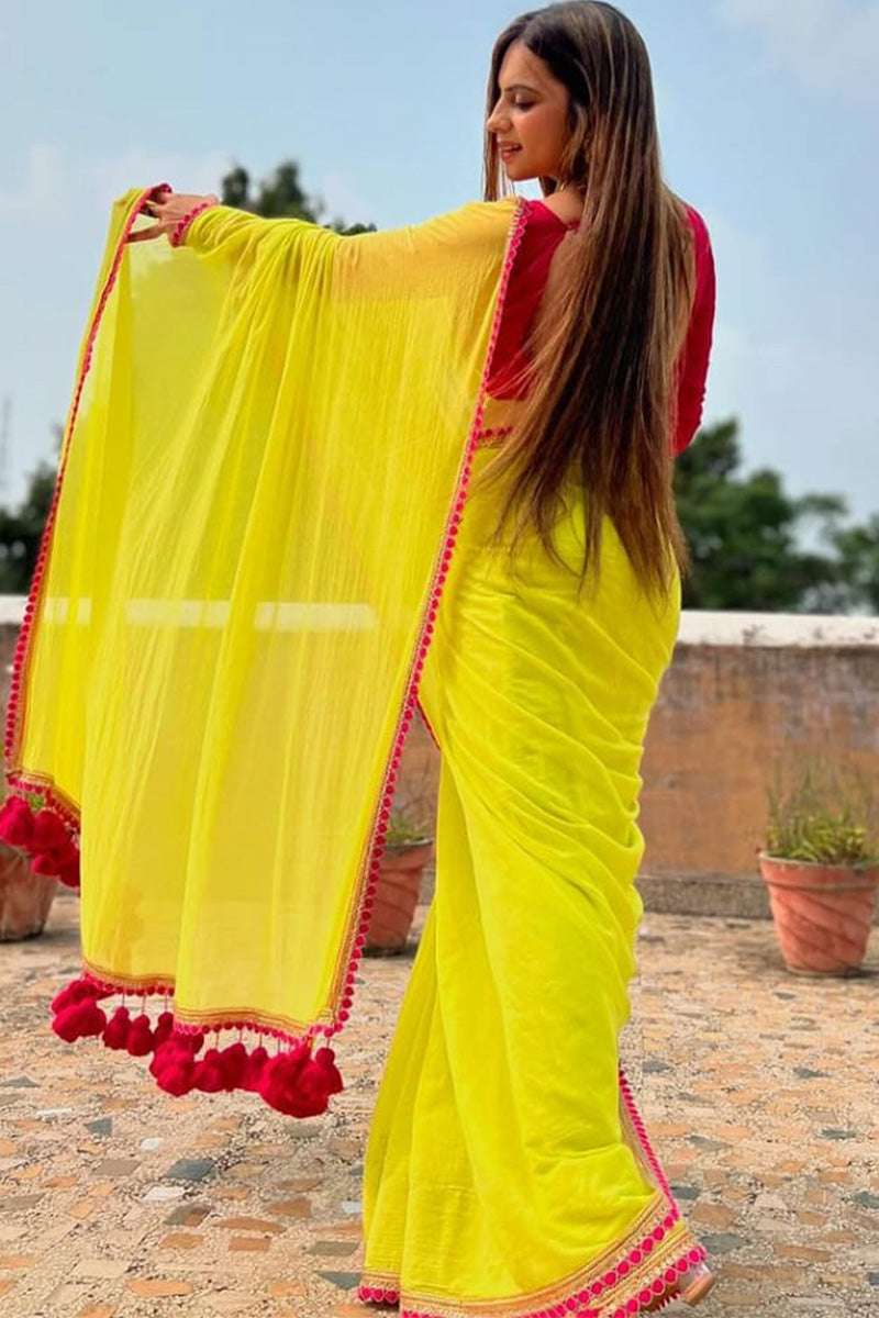 Divine One Minute Ready To Wear Yellow Nylon Silk Saree