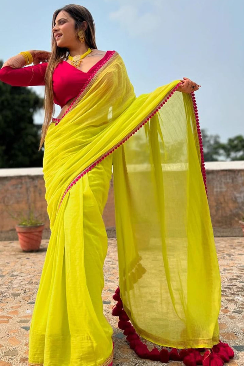 Divine One Minute Ready To Wear Yellow Nylon Silk Saree