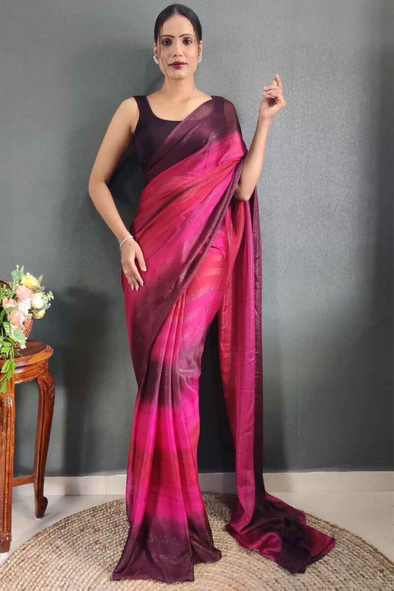 Classique One Minute Ready To Wear Dark Pink Nylon Silk Saree