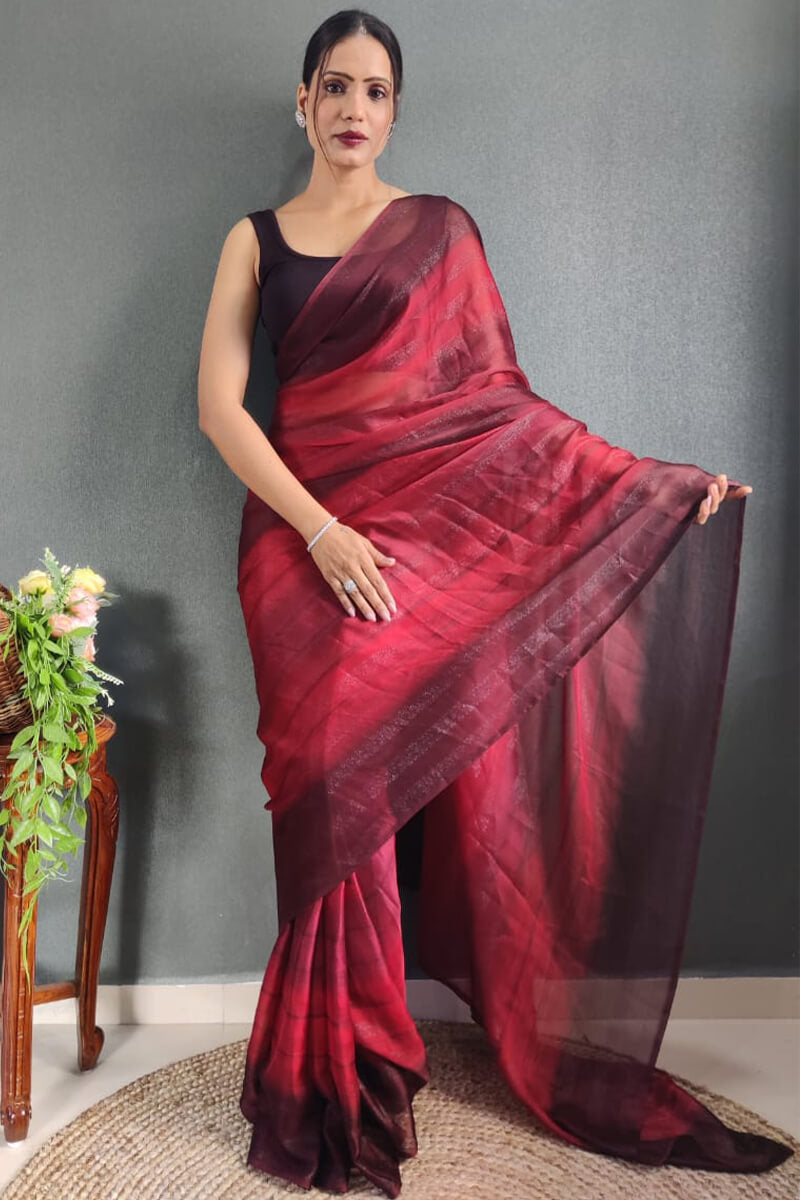 Charisma One Minute Ready To Wear Maroon Nylon Silk Saree