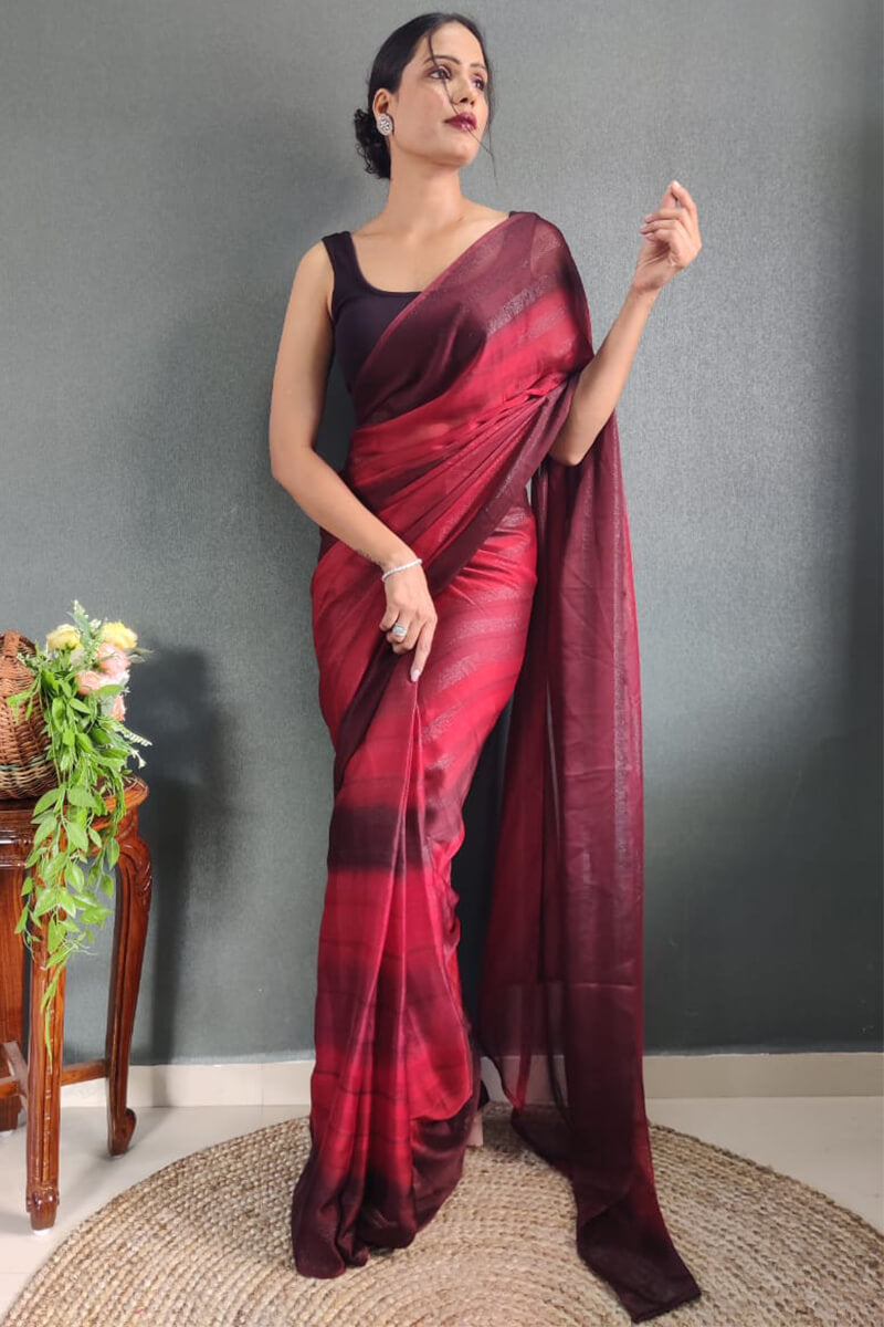 Charisma One Minute Ready To Wear Maroon Nylon Silk Saree