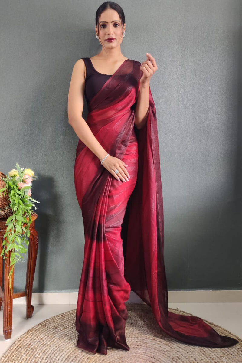 Charisma One Minute Ready To Wear Maroon Nylon Silk Saree