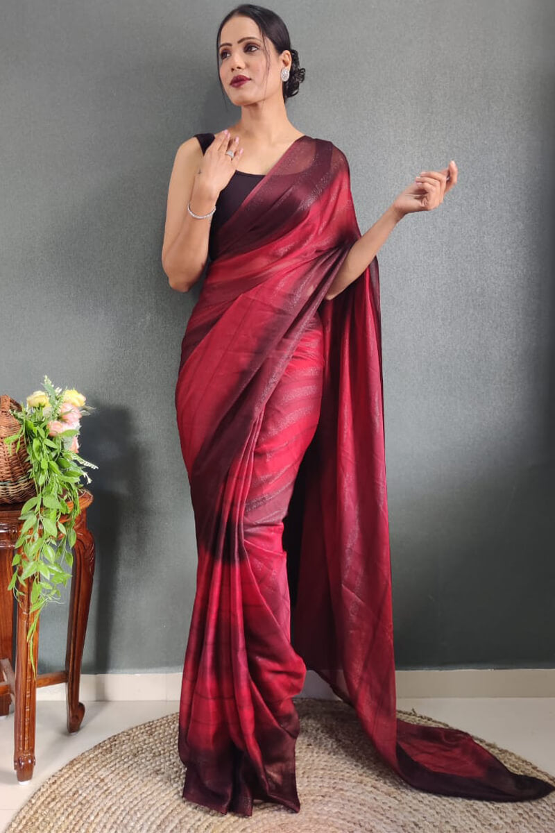 Charisma One Minute Ready To Wear Maroon Nylon Silk Saree