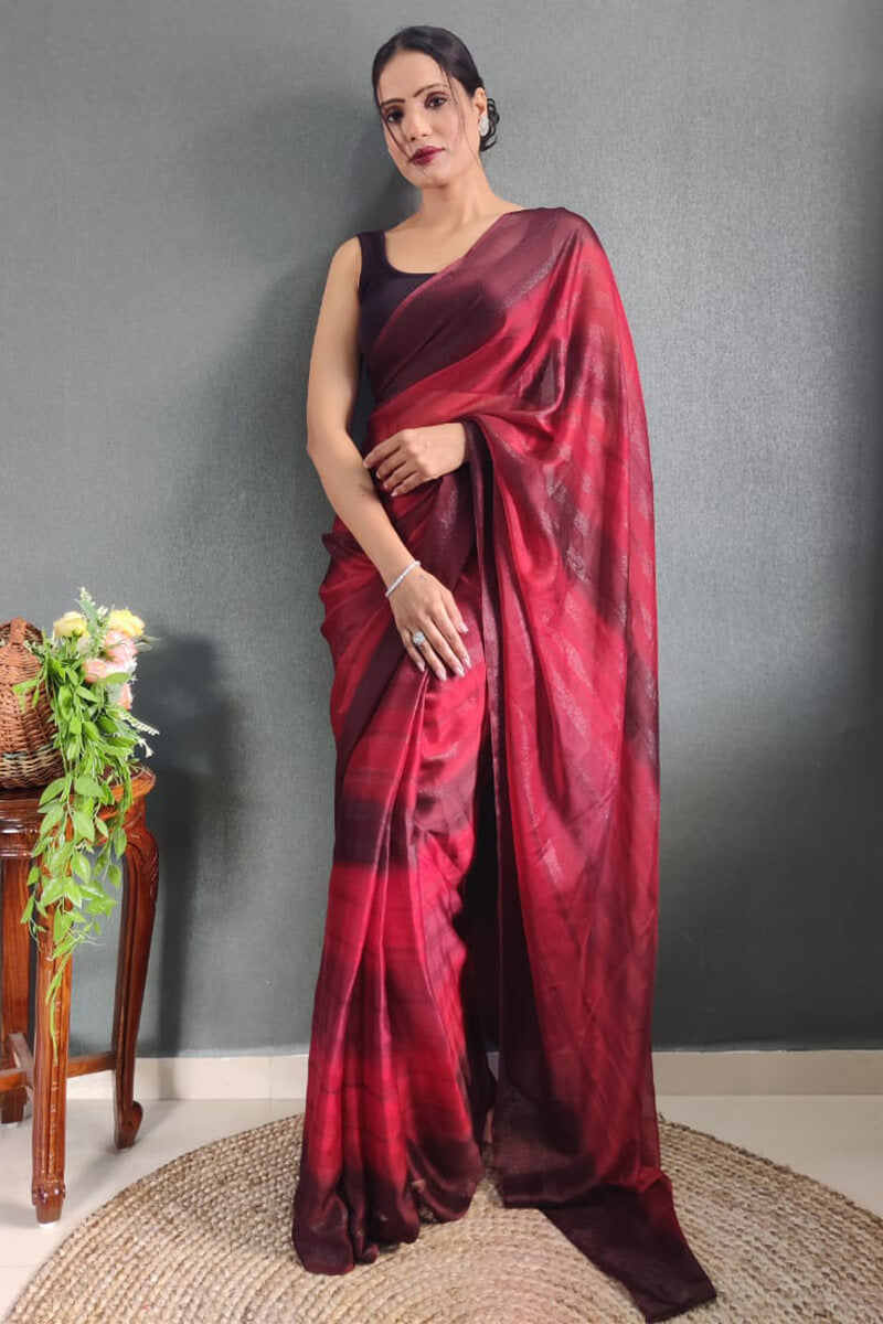 Charisma One Minute Ready To Wear Maroon Nylon Silk Saree