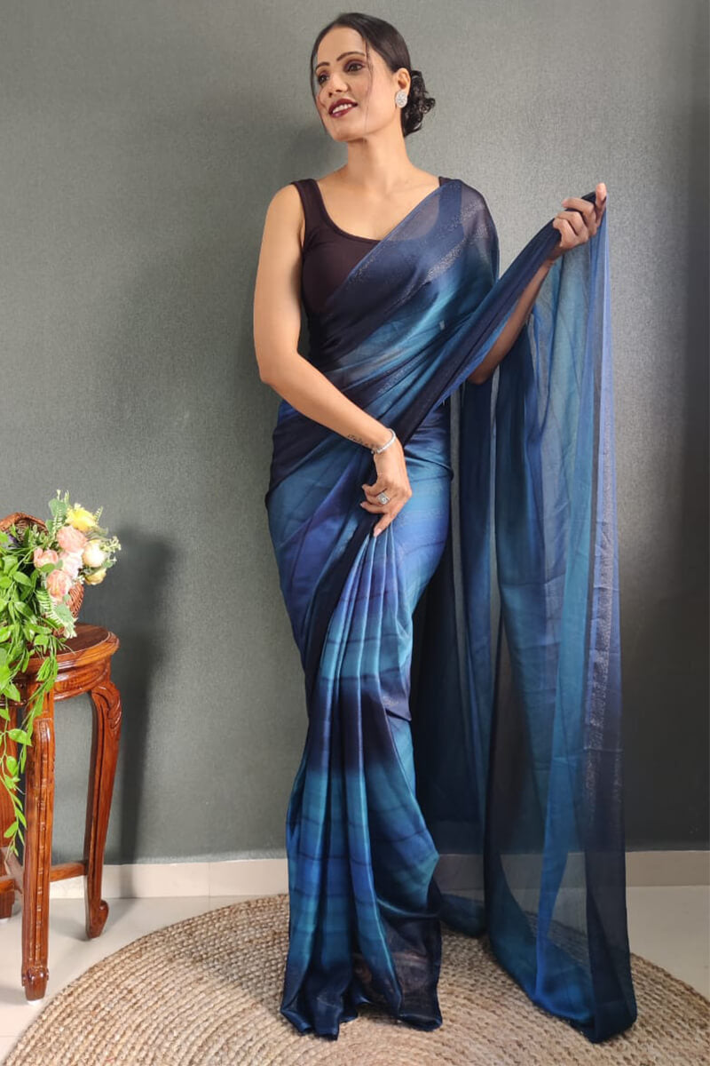 Blissful One Minute Ready To Wear Navy Blue Nylon Silk Saree