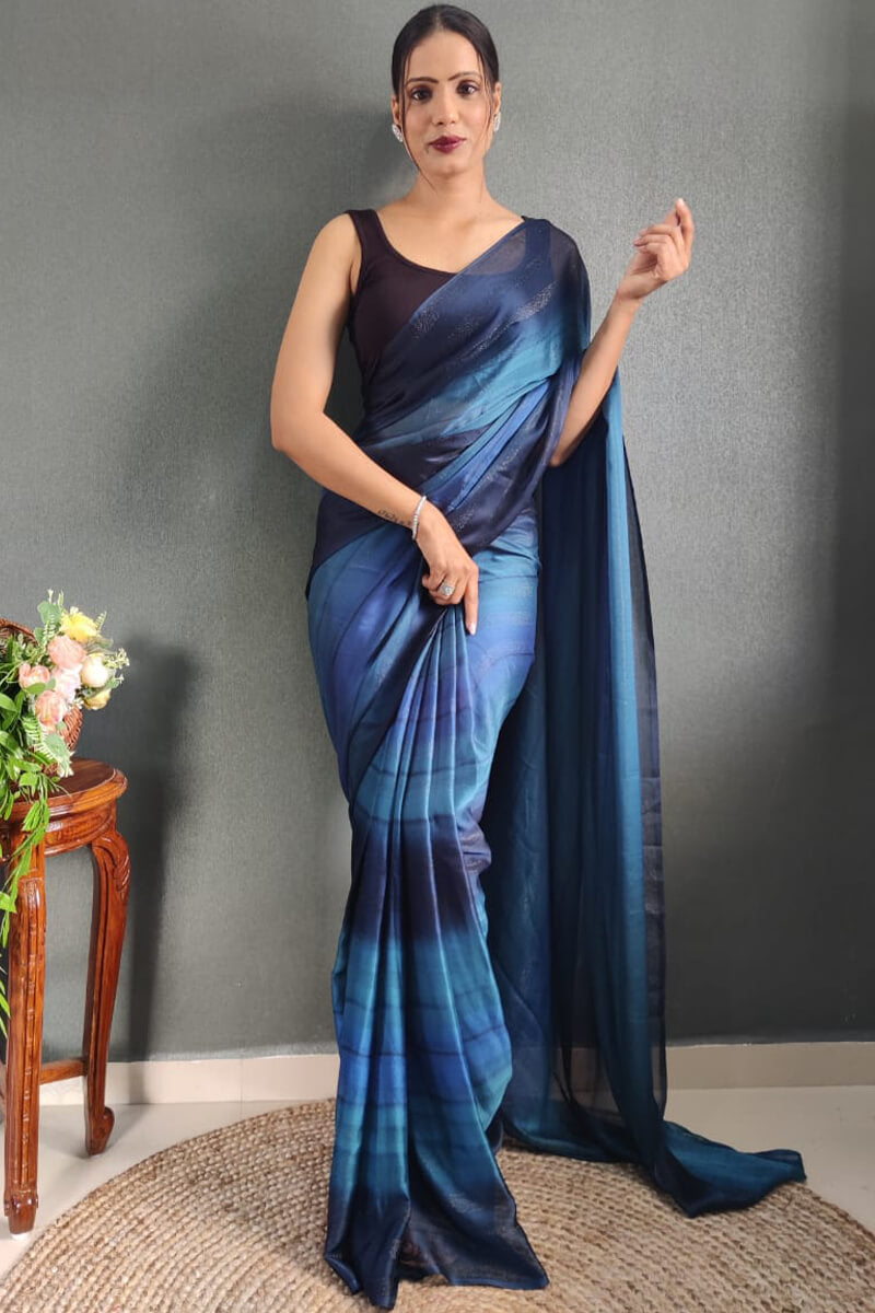 Blissful One Minute Ready To Wear Navy Blue Nylon Silk Saree