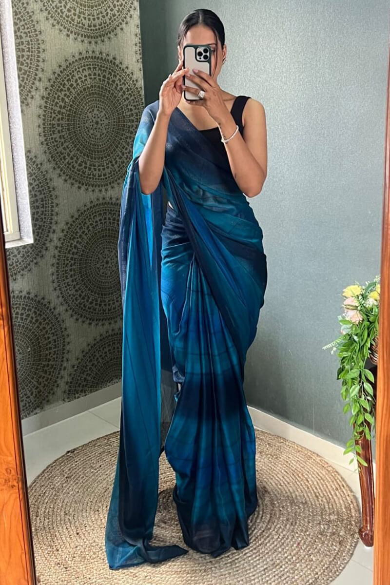 Blissful One Minute Ready To Wear Navy Blue Nylon Silk Saree