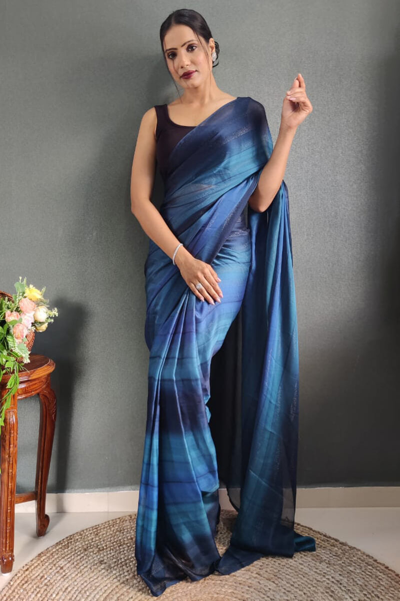 Blissful One Minute Ready To Wear Navy Blue Nylon Silk Saree