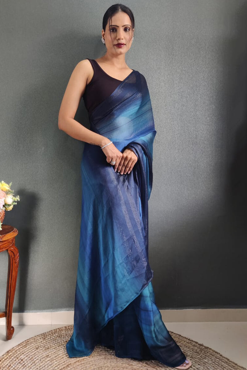 Blissful One Minute Ready To Wear Navy Blue Nylon Silk Saree