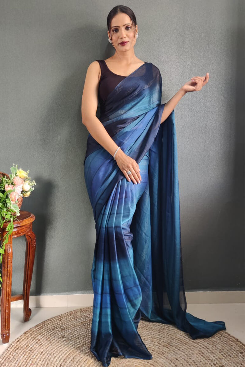 Blissful One Minute Ready To Wear Navy Blue Nylon Silk Saree