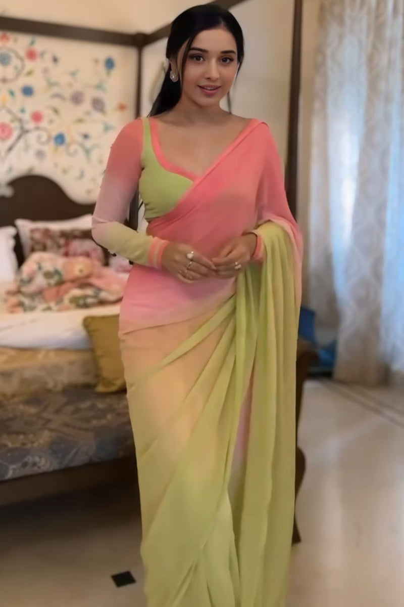 Beloved One Minute Ready To Wear Pink And Parrot Georgette Saree