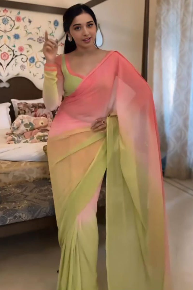 Beloved One Minute Ready To Wear Pink And Parrot Georgette Saree