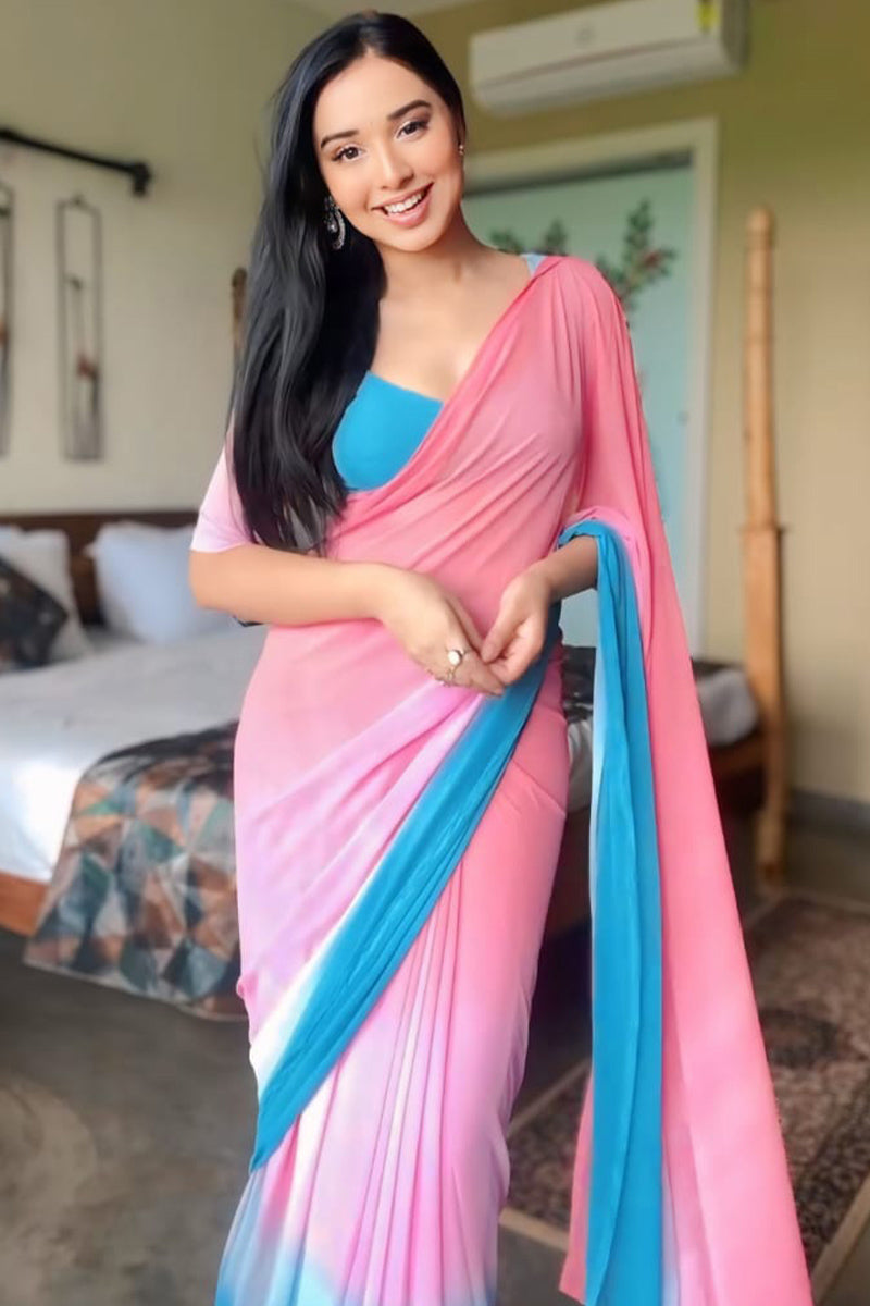 Allure One Minute Ready To Wear Pink And Sky Georgette Saree