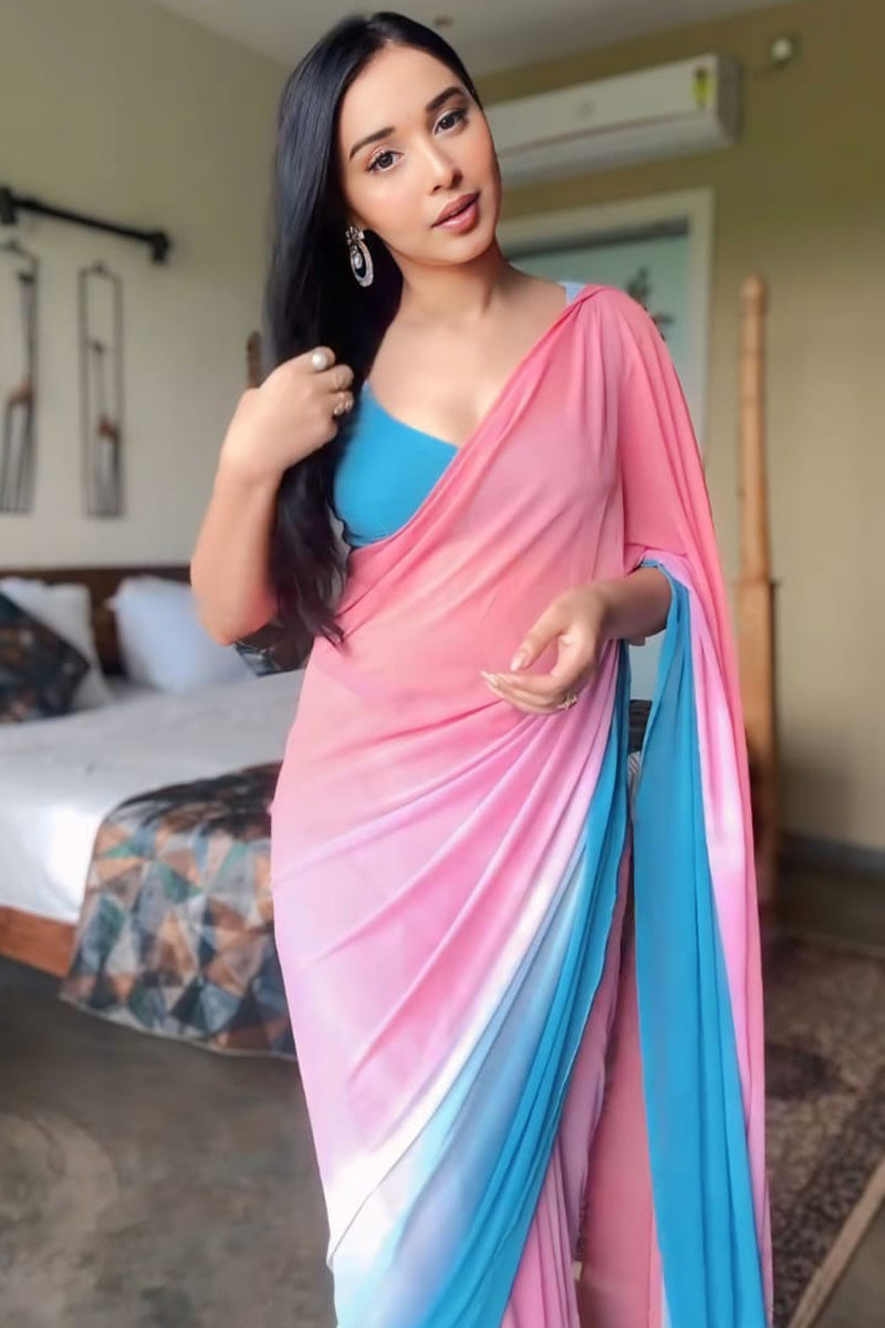 Allure One Minute Ready To Wear Pink And Sky Georgette Saree