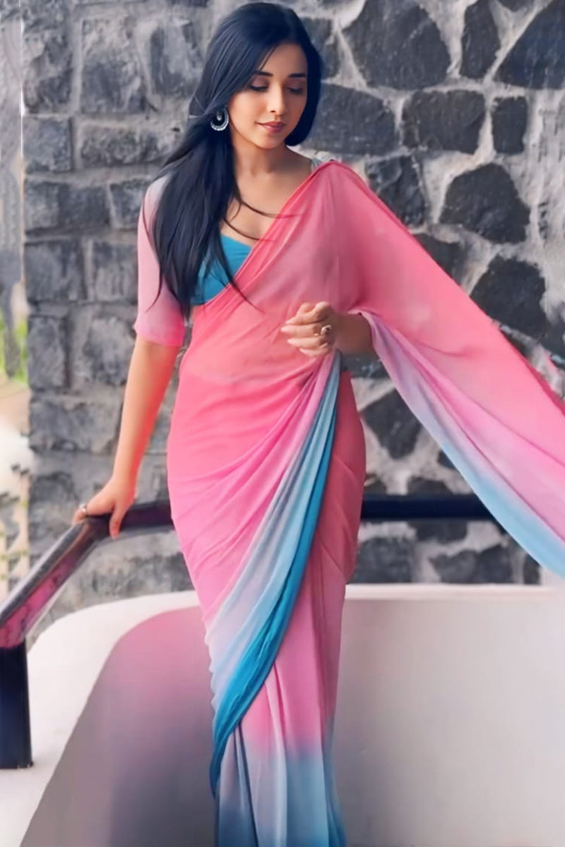 Allure One Minute Ready To Wear Pink And Sky Georgette Saree