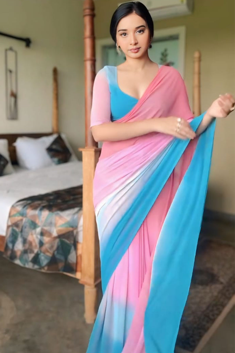 Allure One Minute Ready To Wear Pink And Sky Georgette Saree