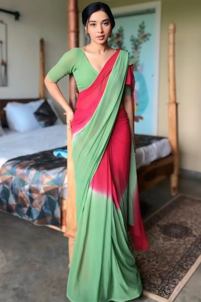 Angelic One Minute Ready To Wear Red And Green Georgette Saree