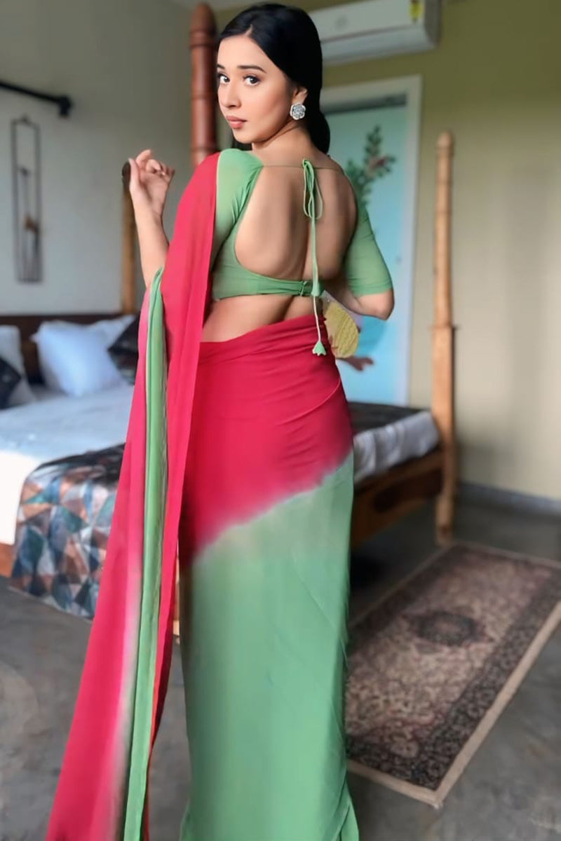 Angelic One Minute Ready To Wear Red And Green Georgette Saree