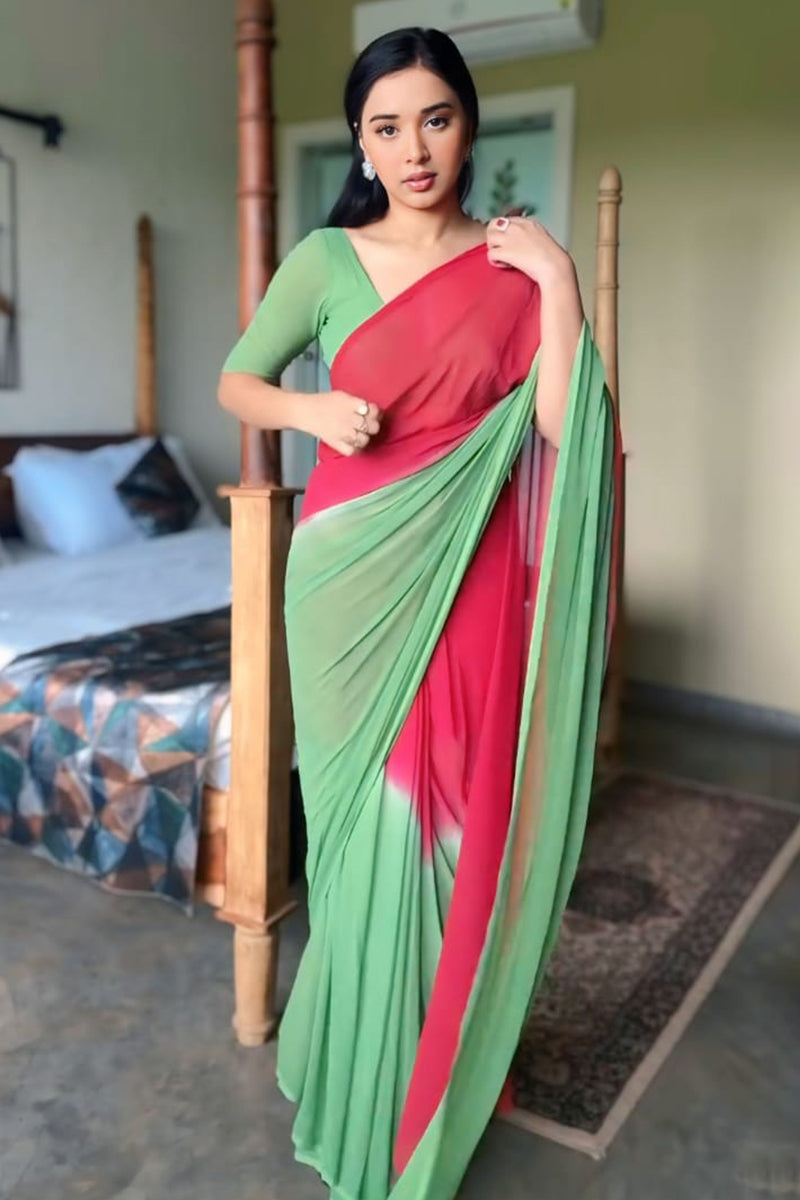 Angelic One Minute Ready To Wear Red And Green Georgette Saree