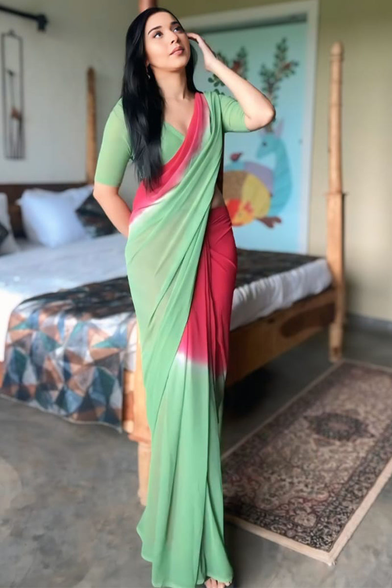 Angelic One Minute Ready To Wear Red And Green Georgette Saree