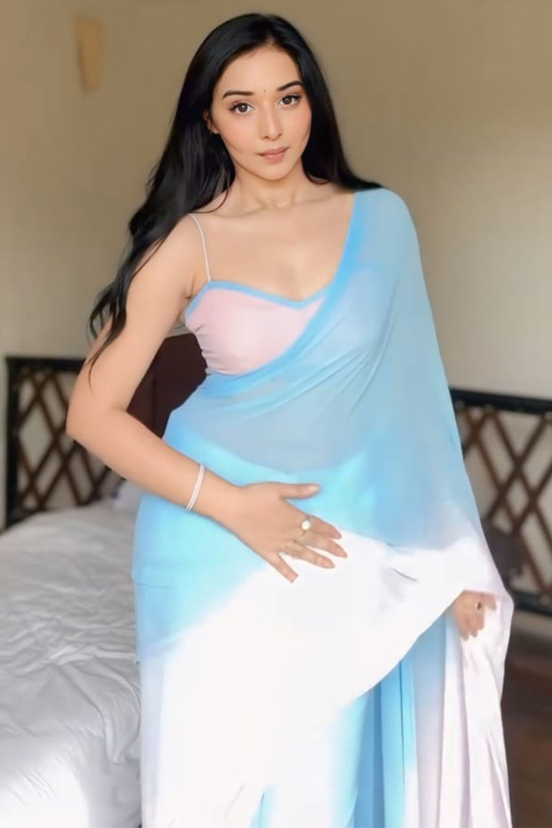 Adore One Minute Ready To Wear Sky And Baby Pink Georgette Saree