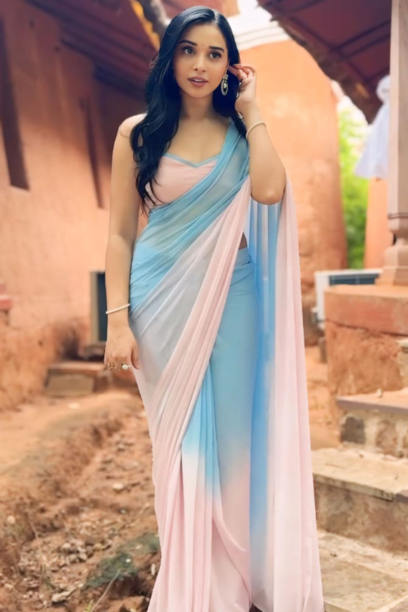 Adore One Minute Ready To Wear Sky And Baby Pink Georgette Saree