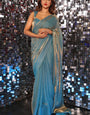 Shimmer Firozi Partywear Fancy Silk Saree With Stitched Blouse Piece