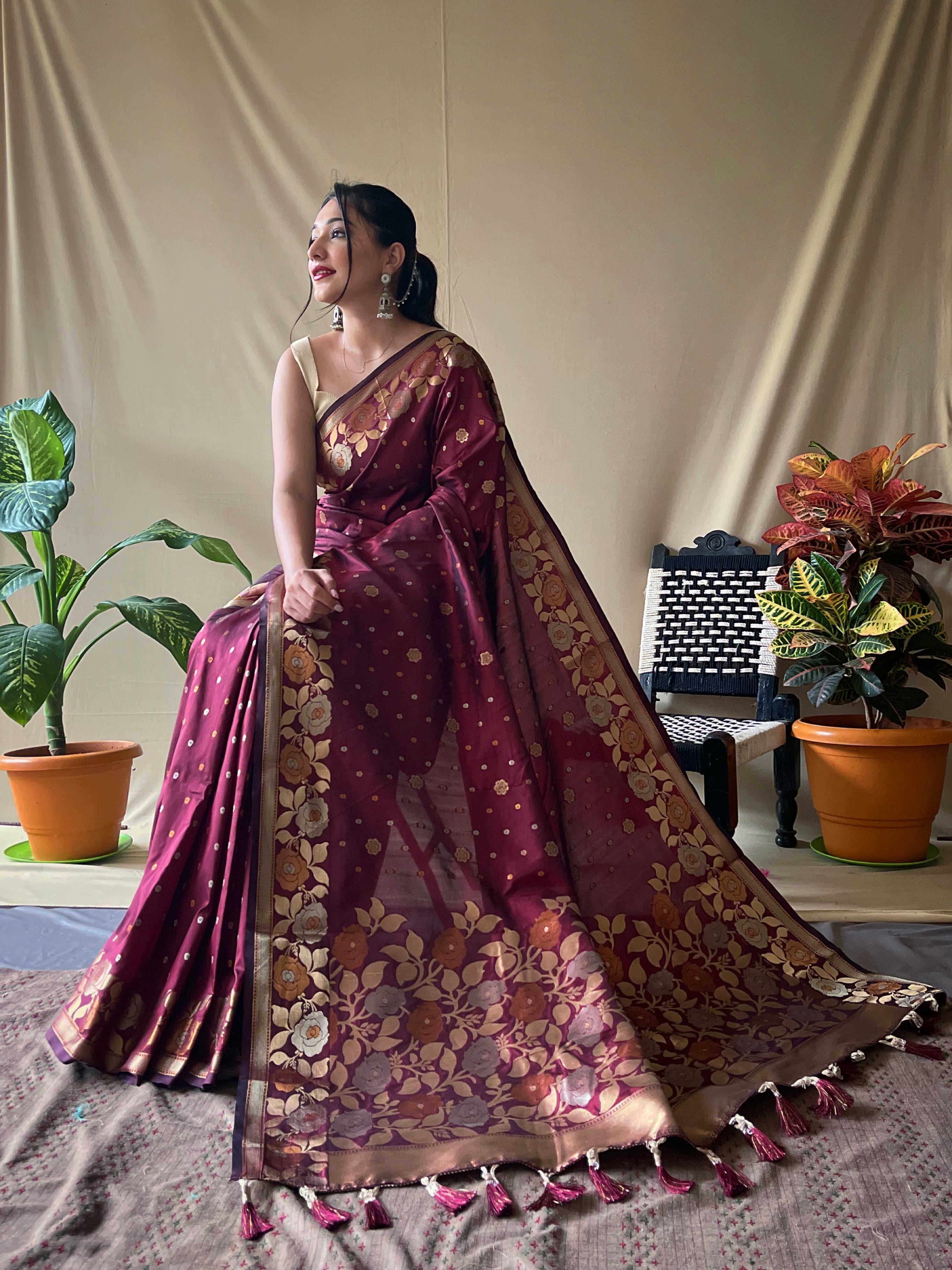 Maroon Floral Woven Banarasi Silk Saree