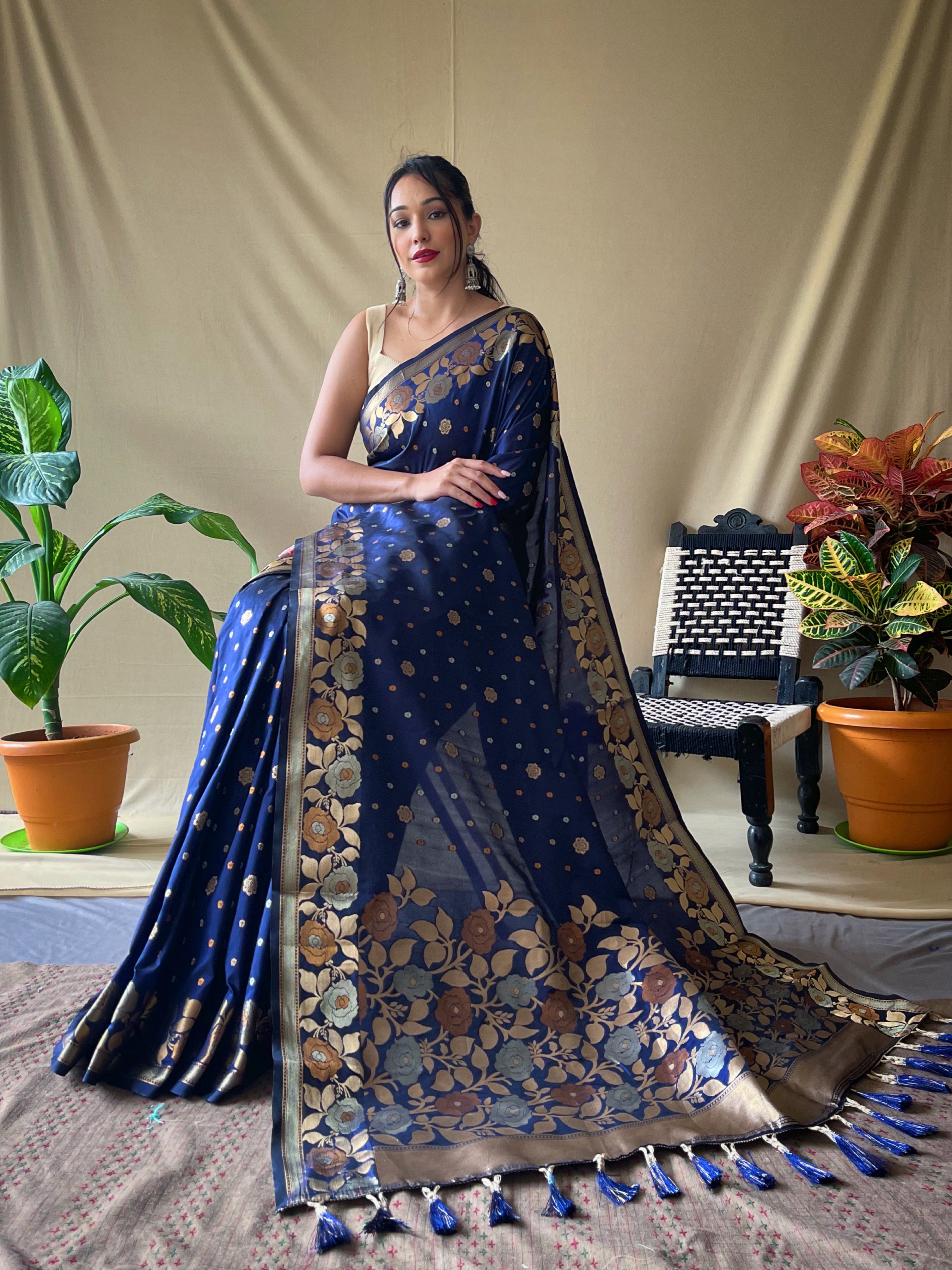 Indigo Floral Woven Banarasi Silk Saree
