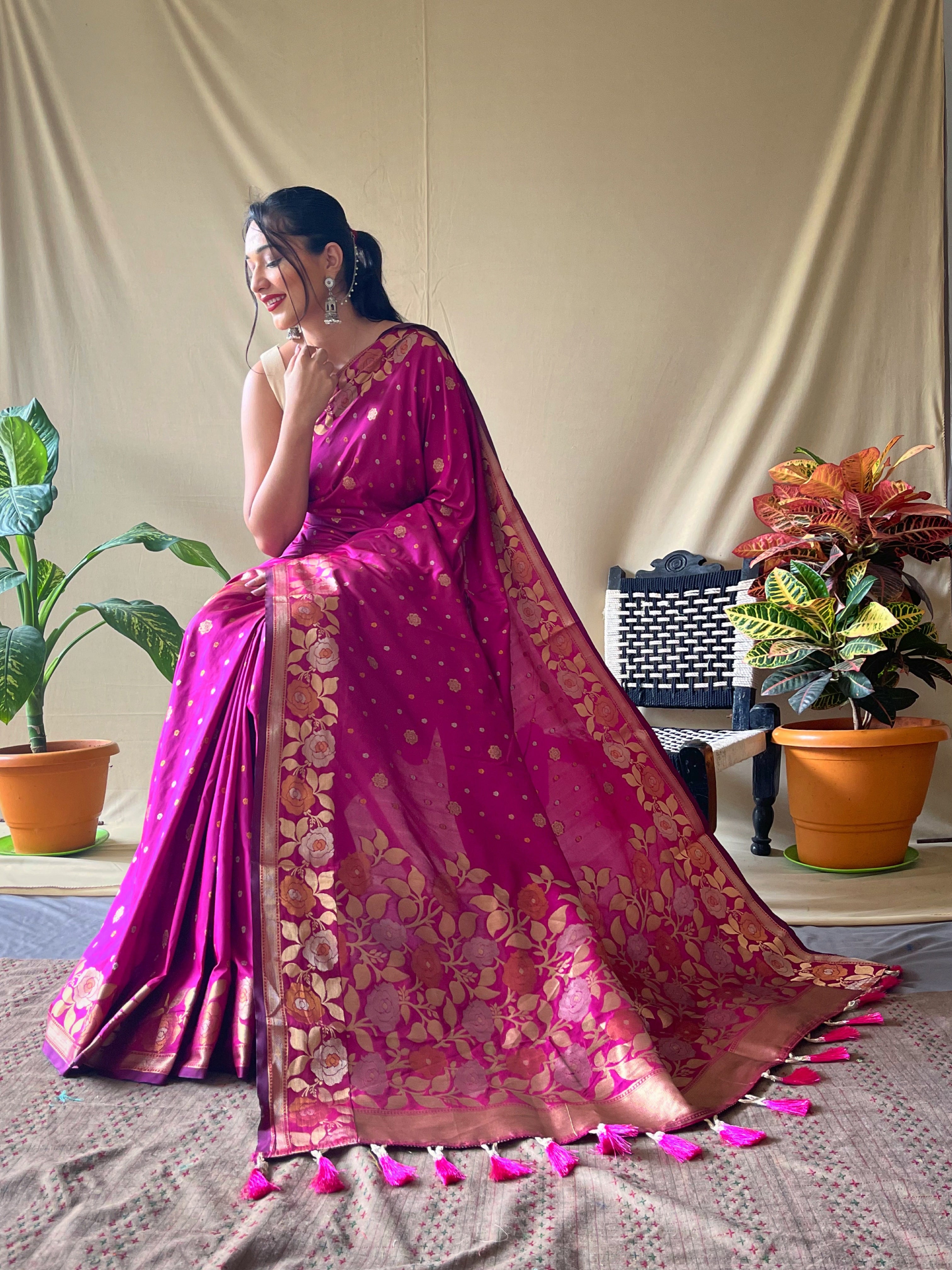 Pink Floral Woven Banarasi Silk Saree