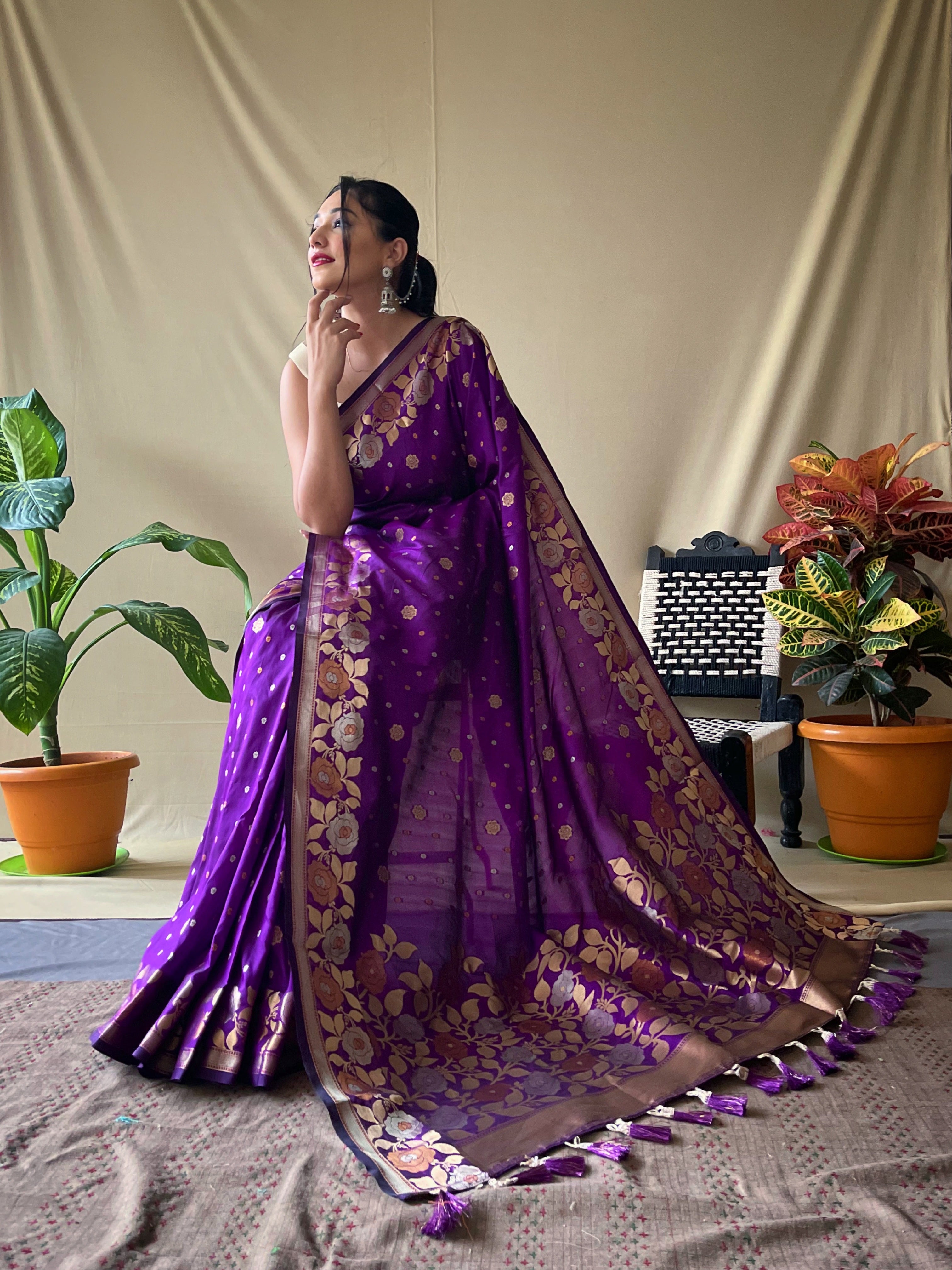 Purple Floral Woven Banarasi Silk Saree