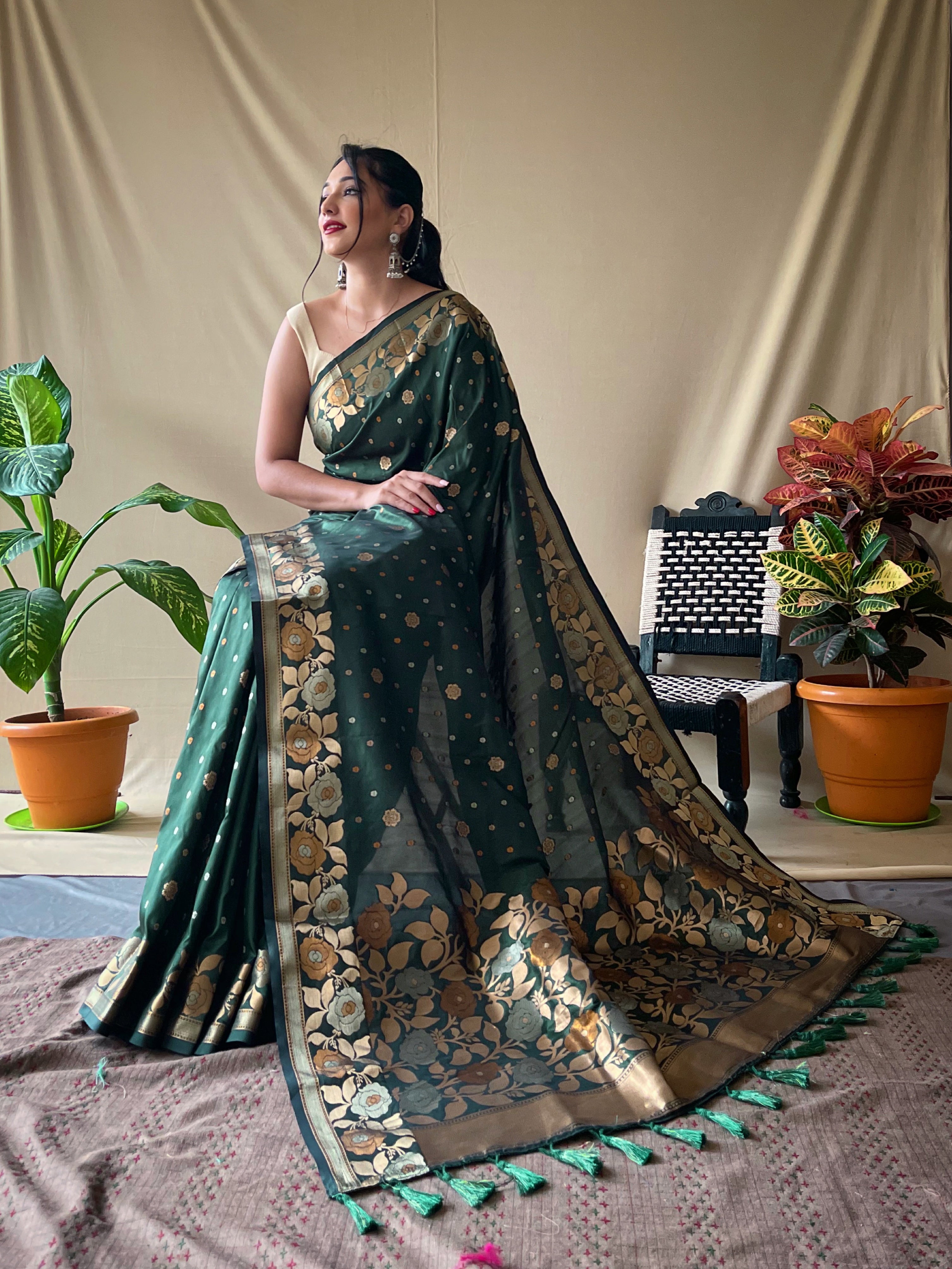 Green Floral Woven Banarasi Silk Saree