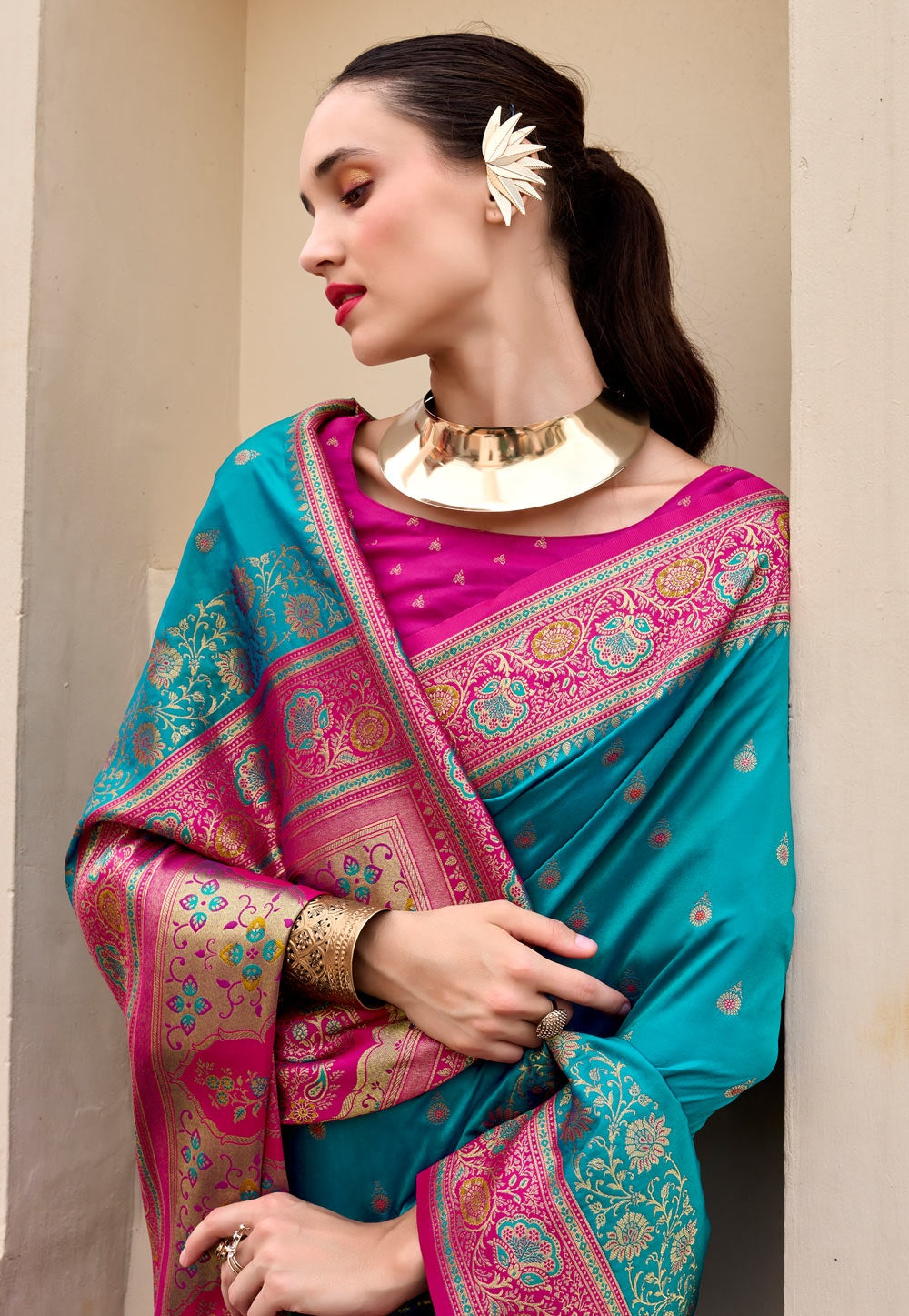 Soudarya Teal Pure Soft Banarasi Silk Waving Saree